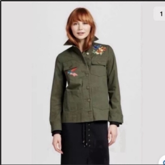 Who what wear Green Denim jacket embroidered floral bird Oversized Small - Picture 3 of 9